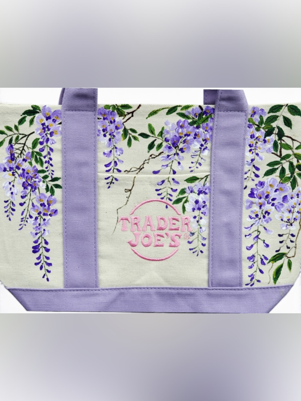 Hand Painted Trader Joe’s Mini Pastel Canvas Tote Bag Wisteria Lavender Purple - Picture 3 of 3
